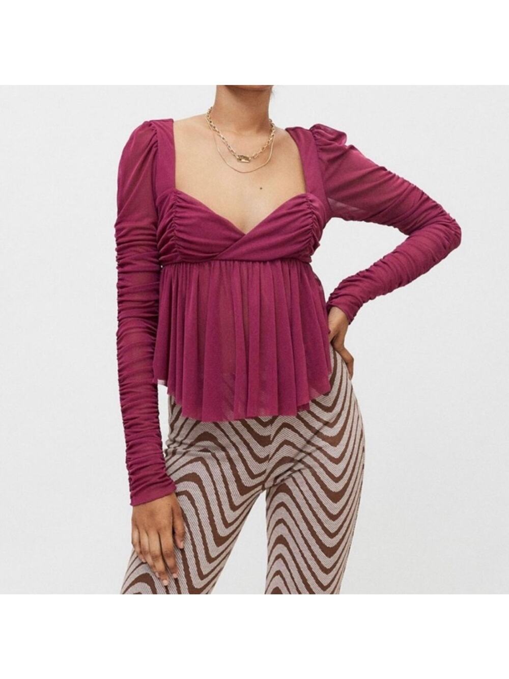 UEC Urban Outfitters UO Carried Away Blouse Elegant Ruched Magenta WINE Top SZ M